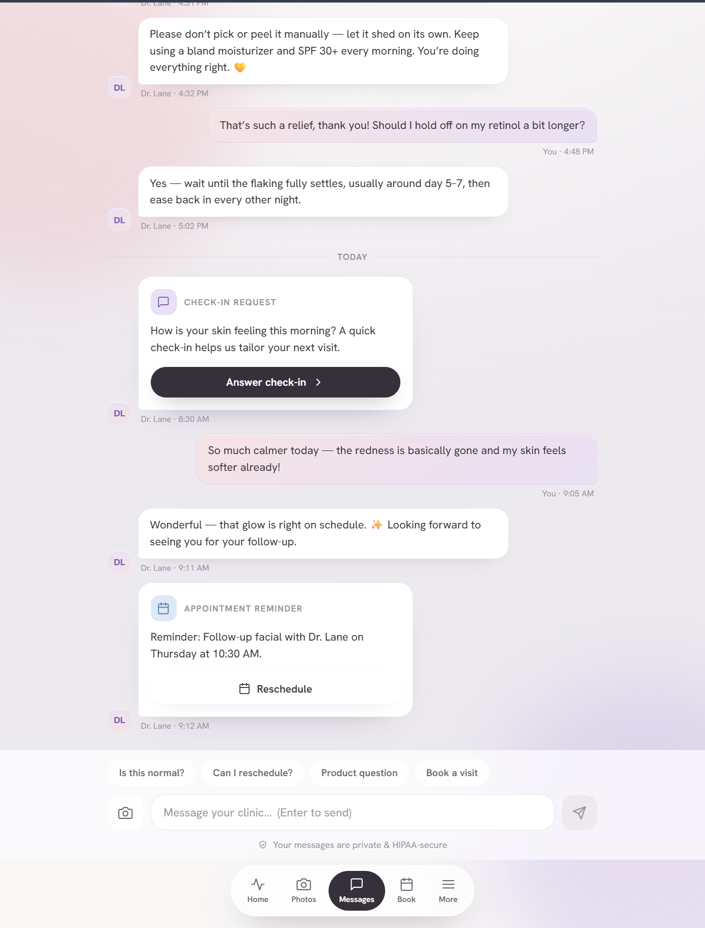 Sknpad client messaging — HIPAA-secure chat with Dr. Lane